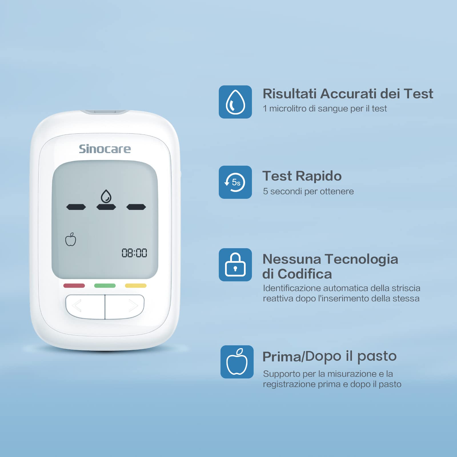 Sinocare Misuratore Glicemia, Glucometro con 100 Strisce Glicemia e 100 Lancette, Elettrodo d'argento più Preciso, Risultati in mg/dL