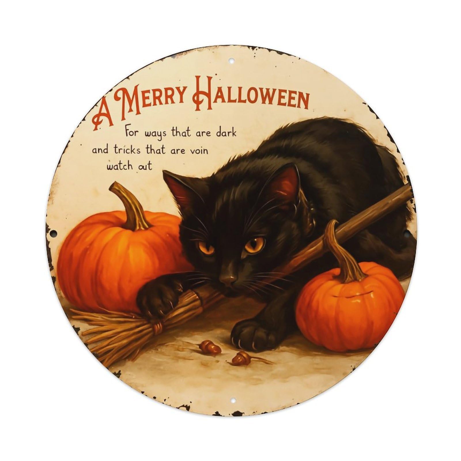 Black Cat Halloween Pumpkin Broom Tin Sign Metal Poster Vintage Metal Signs for Home Man Cave Bar Cafe Kitchen laundry room Wall Decorations 8x8 inches