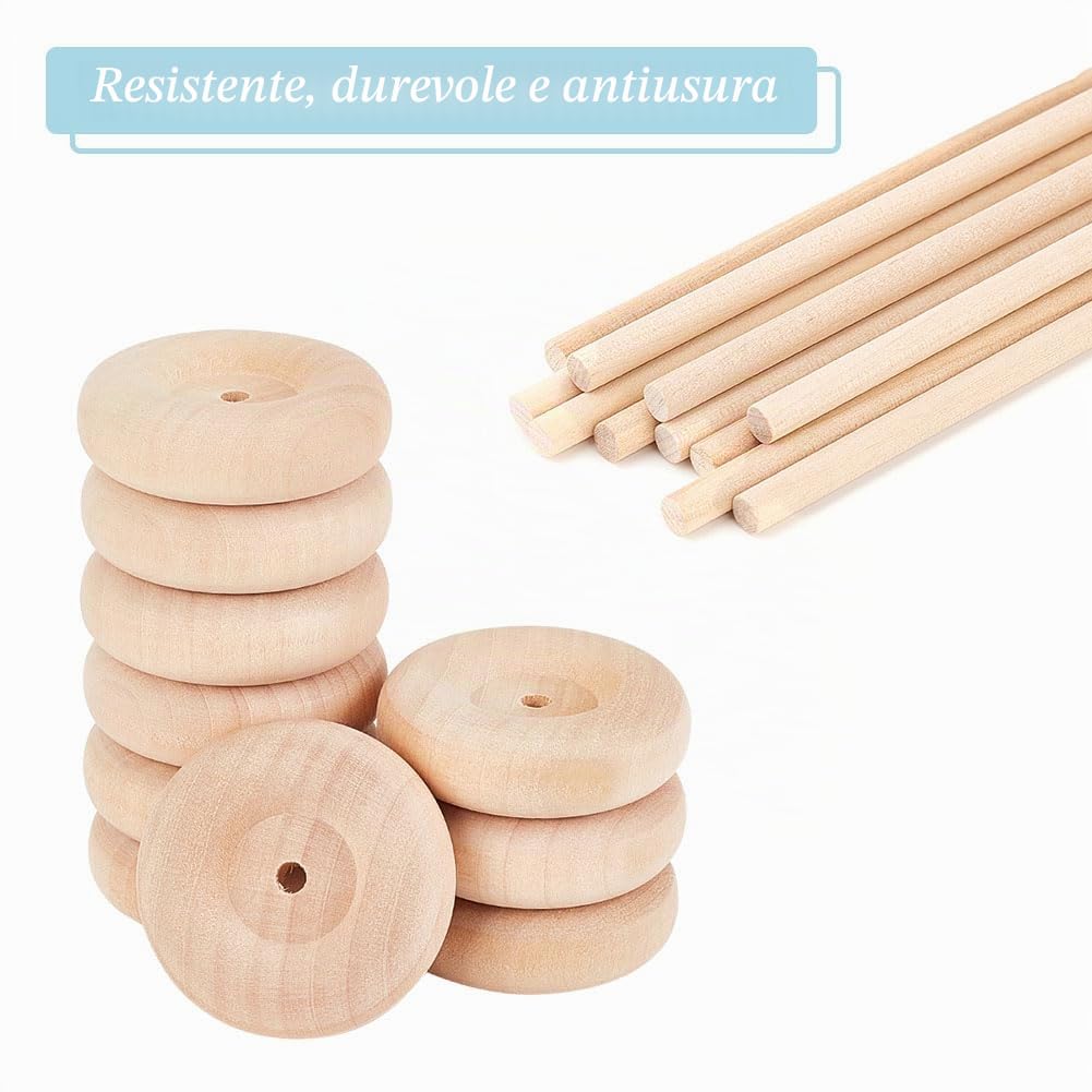 OLYCRAFT 30Pcs 50x16mm ruote artigianali in legno con 15Pcs 15cm/5.9 pollici bastoncini di legni Ruota di legno grandi Ruote di legni rotonde per artigianato fai da te auto modello