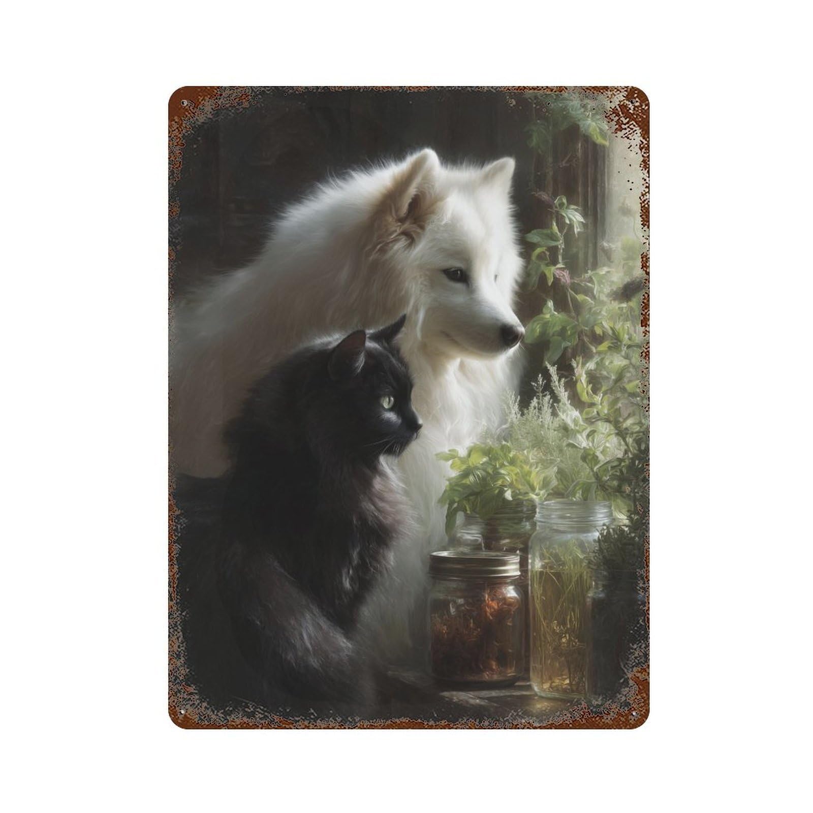 Fox And Cat Garden Scene 15.7"x11.8" Vintage Rust Metal Sign, Novelty Wall Decor for Living Room, Hallway And Home Decor