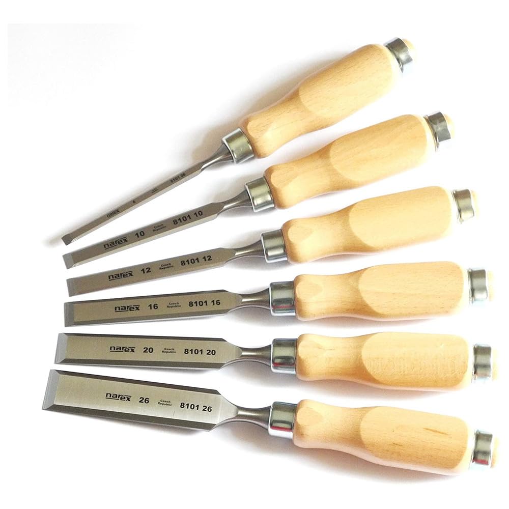Narex Set di scalpelli a bordo smussato, con manici in legno, in custodia di legno, set da 6 pezzi