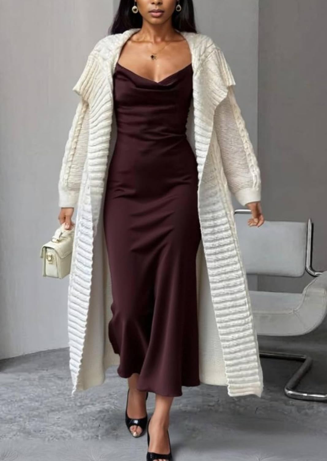 Women's Cable Knit Long Cardigan Long Sleeve Open Front Lapel Shawl Collar Chunky Oversized Duster Sweaters Coat - Image 3