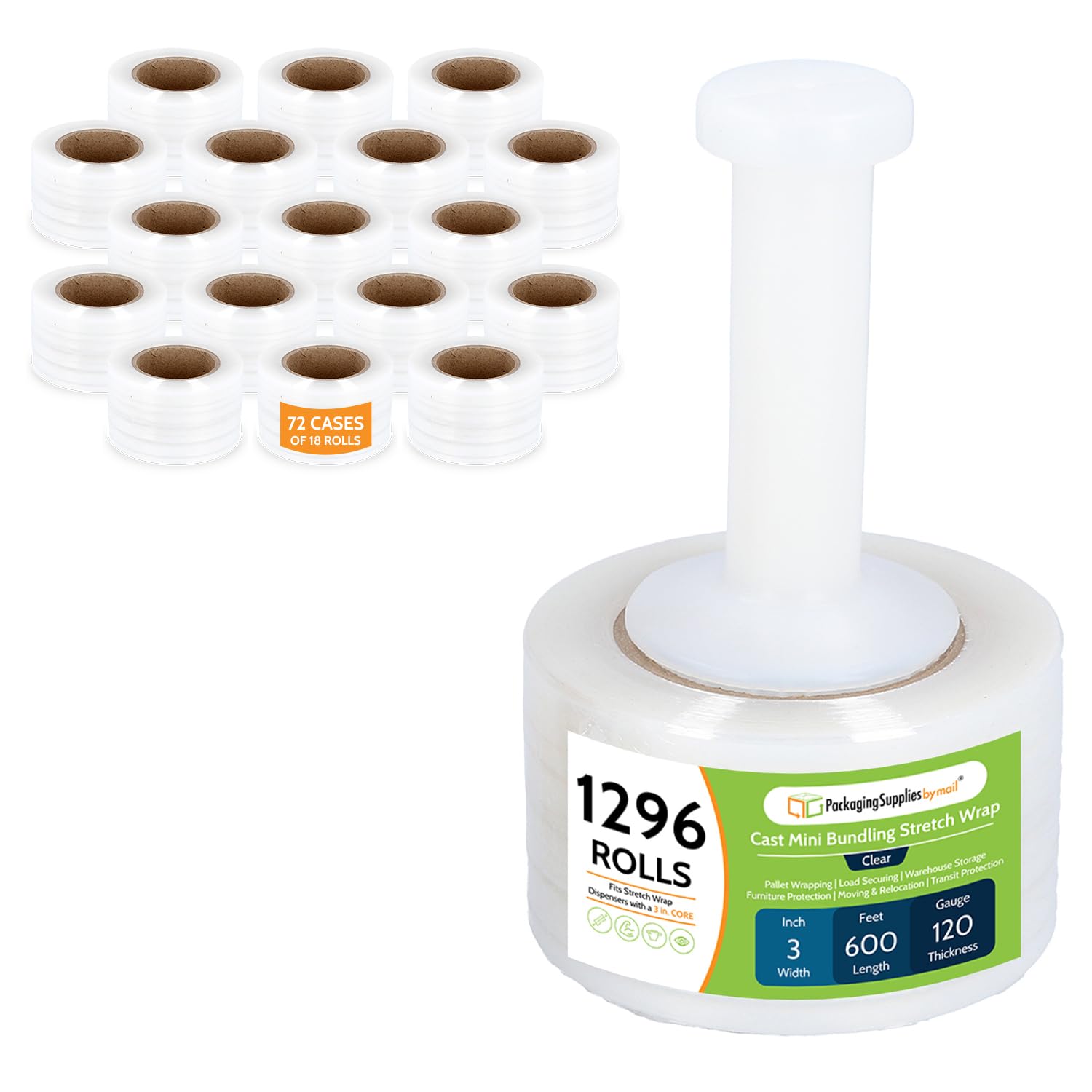 PSBM Mini-Stretchfolie mit Kunststoffgriff, 1296 Rollen, 7,6 cm x 1,8 m, 120 Gauge, robuste transparente Kunststofffolie, industrielle Stärke, Schrumpffolie für Umzug, Verpackung und Versand