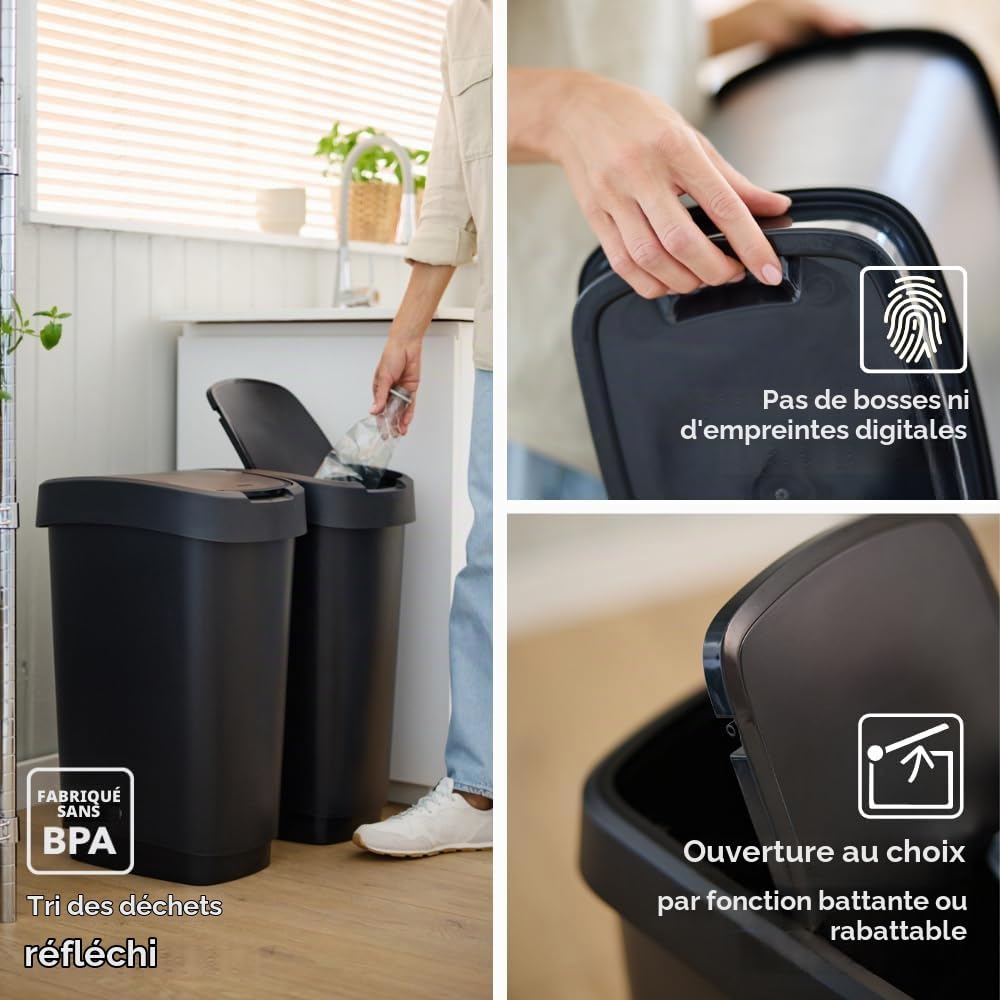 Rotho Twist Poubelle Cuisine 50 Litres Poubelle Salle de Bain Noir/Argenté