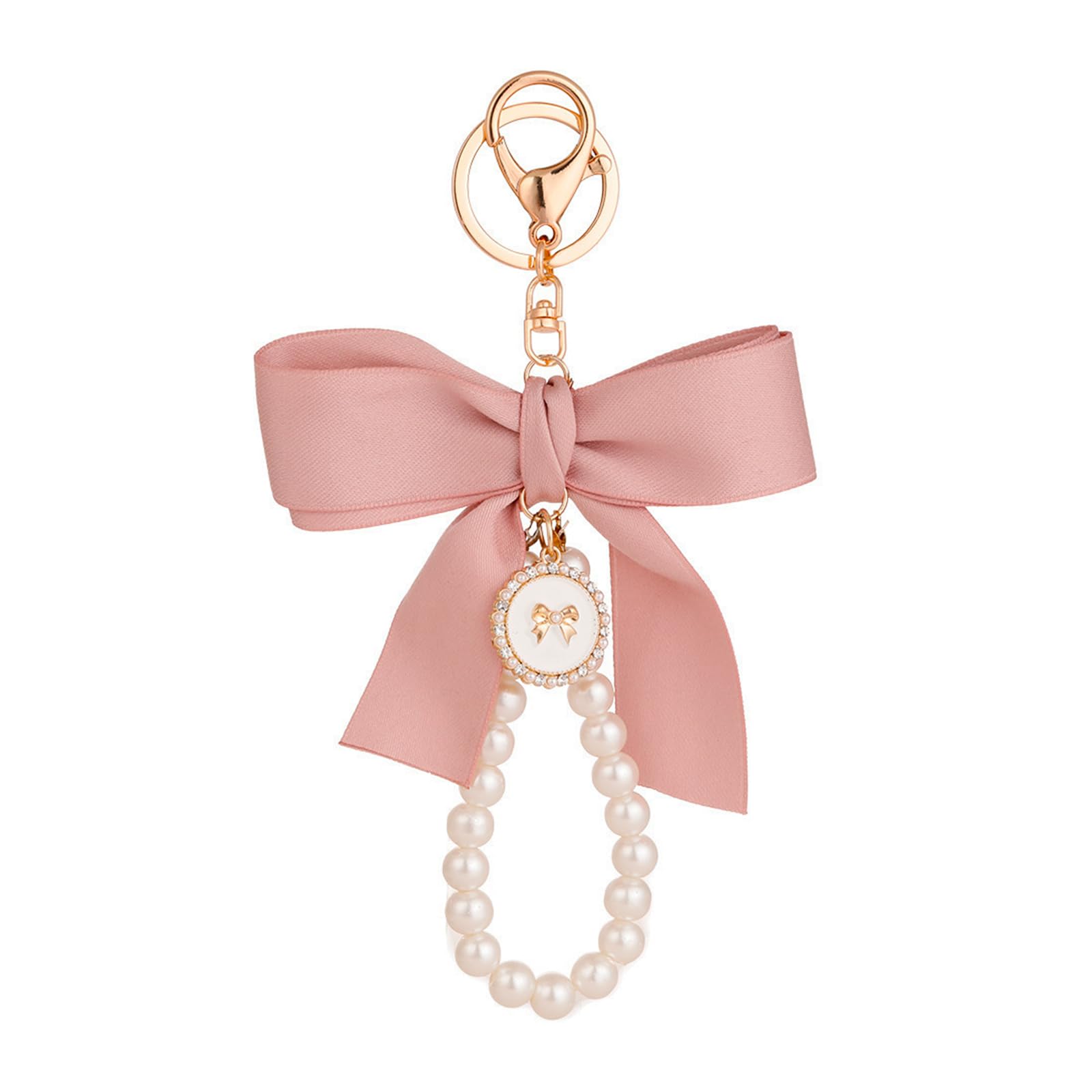 Fnsighd Women's Pink Bow Keychain,Stylish Elegant Cute Car Pearl Keychain Wristlet,Charm Bow & Pearl Keyring Pendant Charms,For Handbags,Car,Walle,Purse And Backpacks Pendant Charms Wristlet Accessories