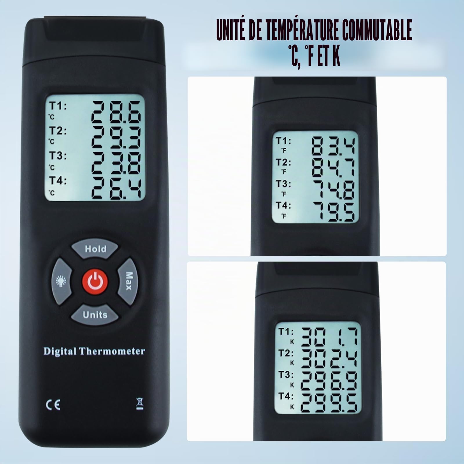 Thermomètre De Type K,Thermomètre Numérique Testeur De Capteur Thermocouple De Type K Avec Thermomètre À 4 Canaux Avec Rétroéclairage LCD