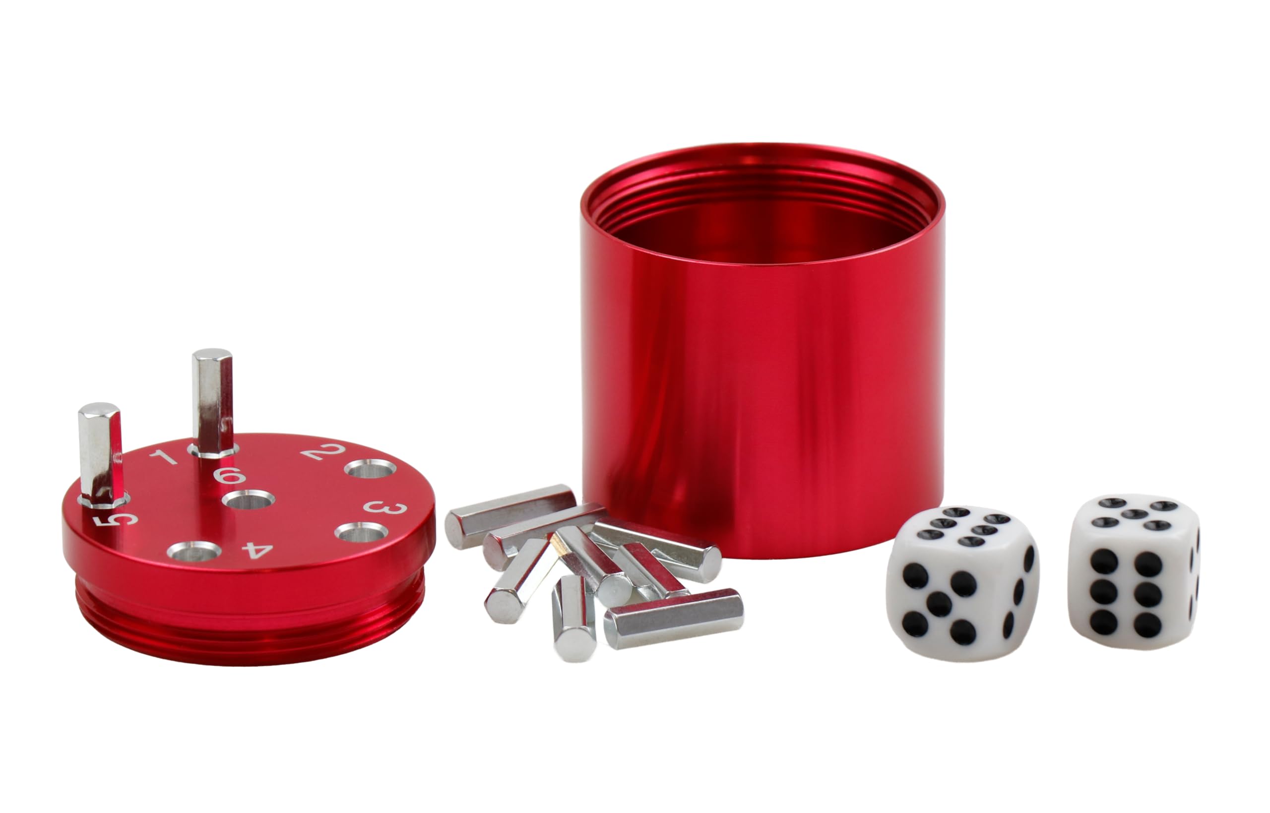 BestSaller 3004 SUPER SIX 'Travel' Aluminum czerwony, 5 x Ø 5 cm, 2 kostki i 36 patyczków do zabawy, pokrywka zamykana (1 sztuka)