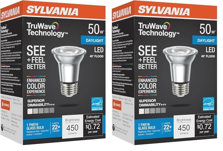 Sylvania LED TruWave Natural Series PAR16 Light Bulb, 50W Equivalent Efficient 6W, Medium Base, Dimmable, 450 Lumens, 5000K, White, 1 Count (Pack of 2)