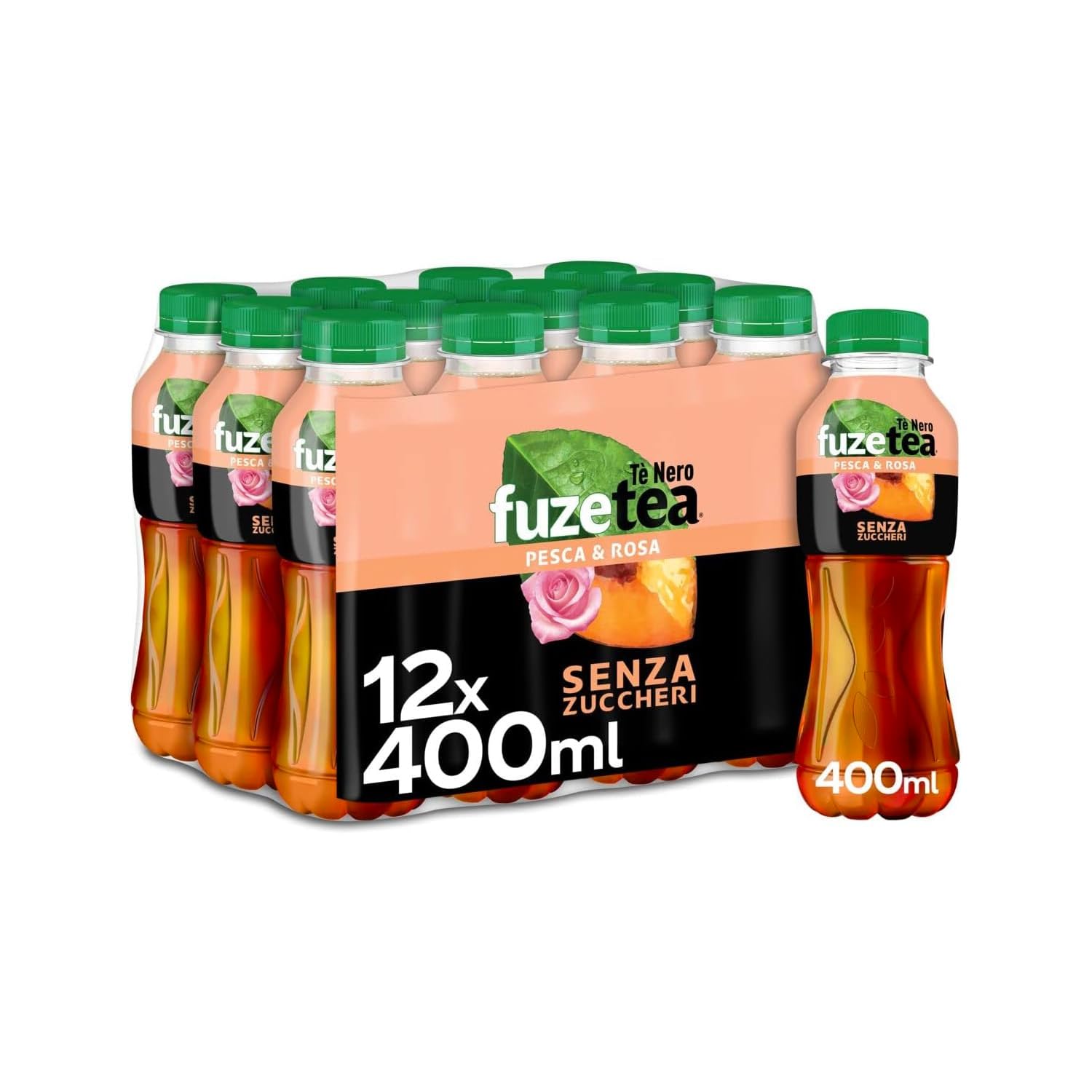 FuzeTea Pesca e Rosa Senza Zuccheri – 12 Bottiglie da 400 ml, Tè Freddo alla Pesca con una Nota di Rosa, Senza Zuccheri, in Bottiglia PET 100% Riciclabile, Bevanda Analcolica
