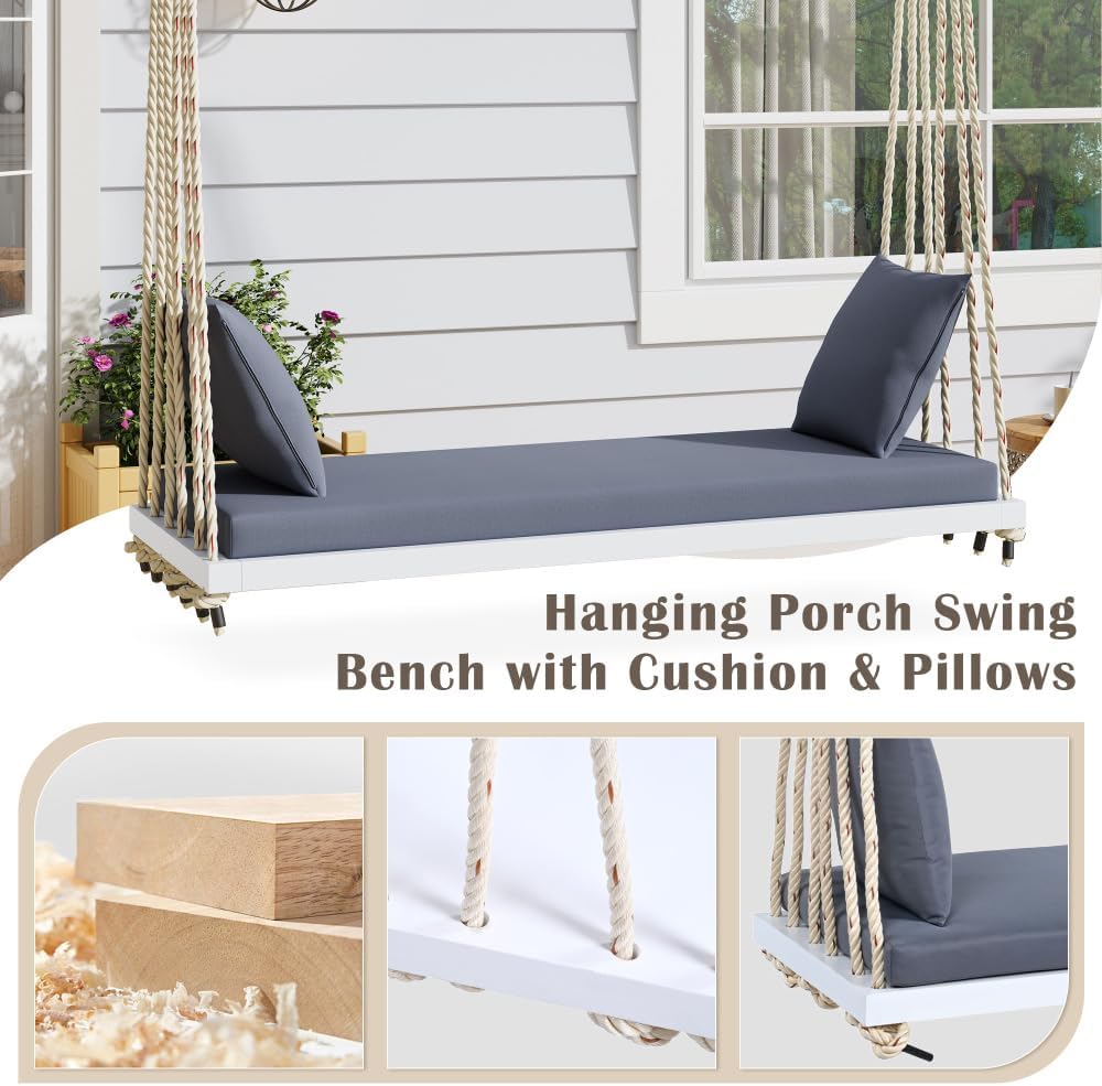 Patio Wooden Swing Chair, Hanging Porch Swing Bench with Cushion&Pillows, 10.8Ft Hemp Ropes for Garden,Backyard, Lawn,Gray (White + Acacia Wood + Foam)
