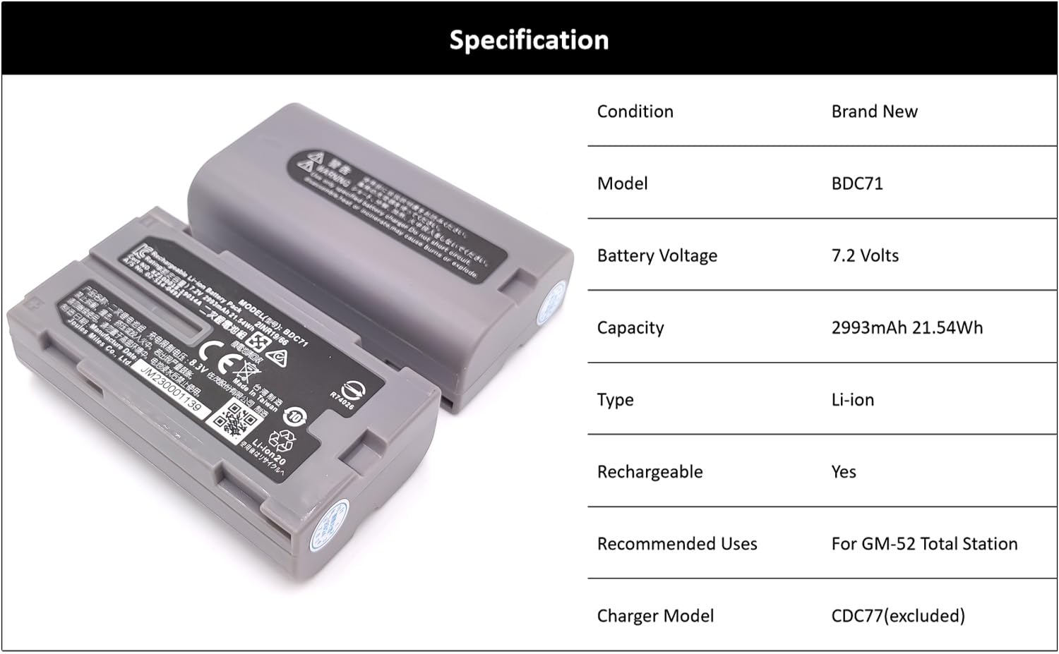 (Pack of 2) 7.2V 2993mAh BDC71 Compatible with Top-con Li-ion Battery for GM-52 Total Station