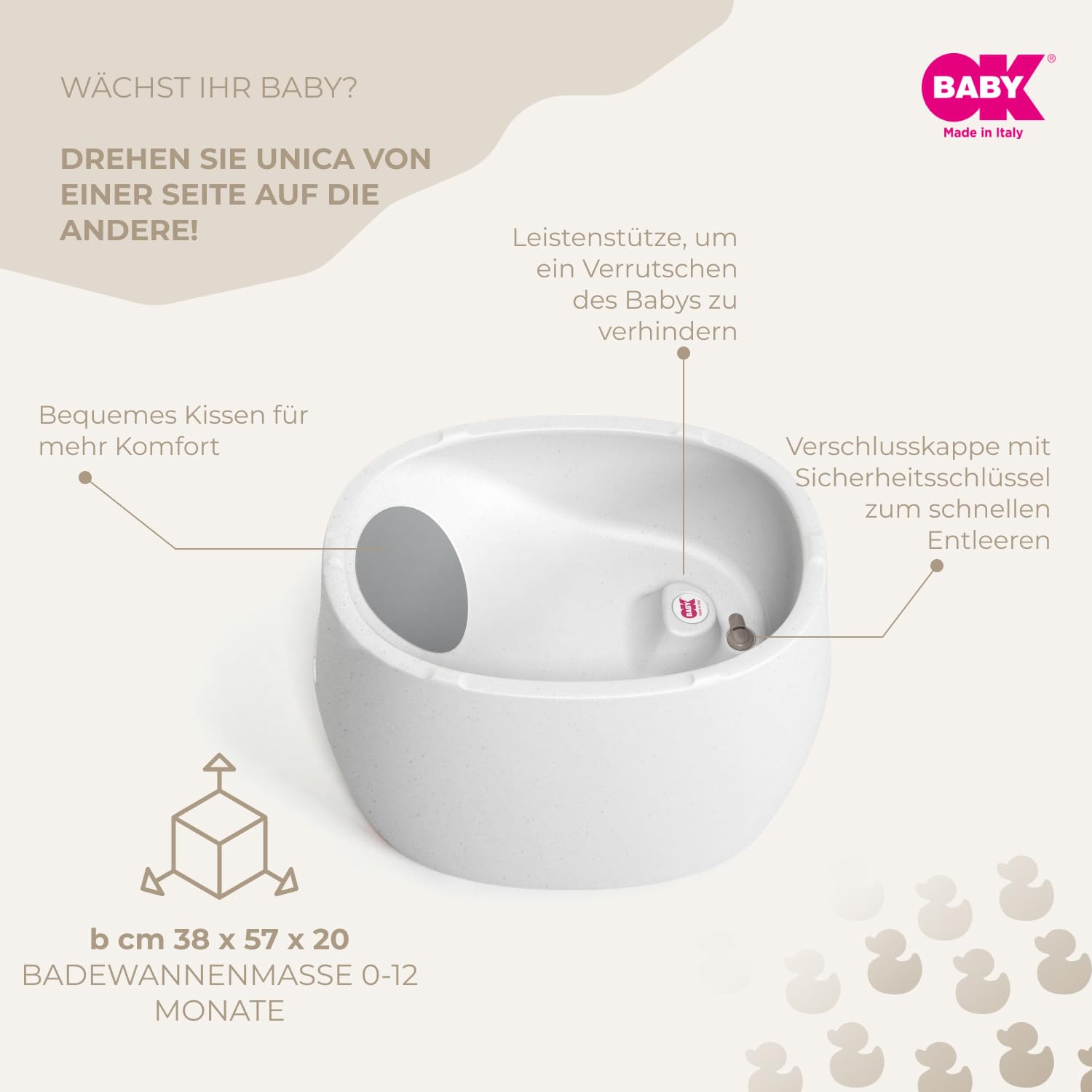 OKBABY Unica – Badewanne 0 – 4 Jahre mit doppeltem Verwendungszweck, eingebautem Thermometer und ergonomischer Unterstützung – Badewanne und Mini-Pool für Kinder – Granit