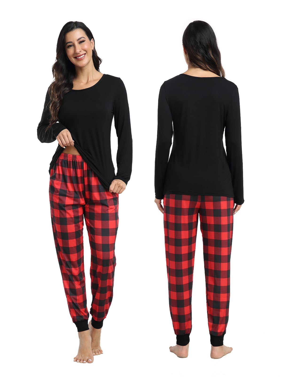 Conjunto de pijama a cuadros a juego para parejas, pijamas de Navidad para hombres y mujeres, conjunto de ropa de dormir de manga larga con bolsillos, S-2XL