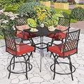PHI VILLA 5 Piece Outdoor Bar Furniture Set, Counter-Height Patio Bistro Table & Swivel Bar Stools Chairs with Red Cushion for Garden, Backyard, Deck