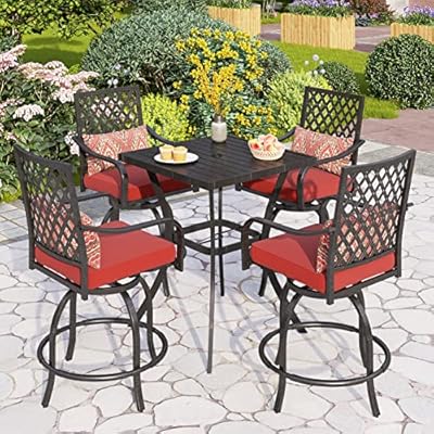 PHI VILLA 5 Piece Outdoor Bar Furniture Set, Counter-Height Patio Bistro Table & Swivel Bar Stools Chairs with Red Cushion for Garden, Backyard, Deck
