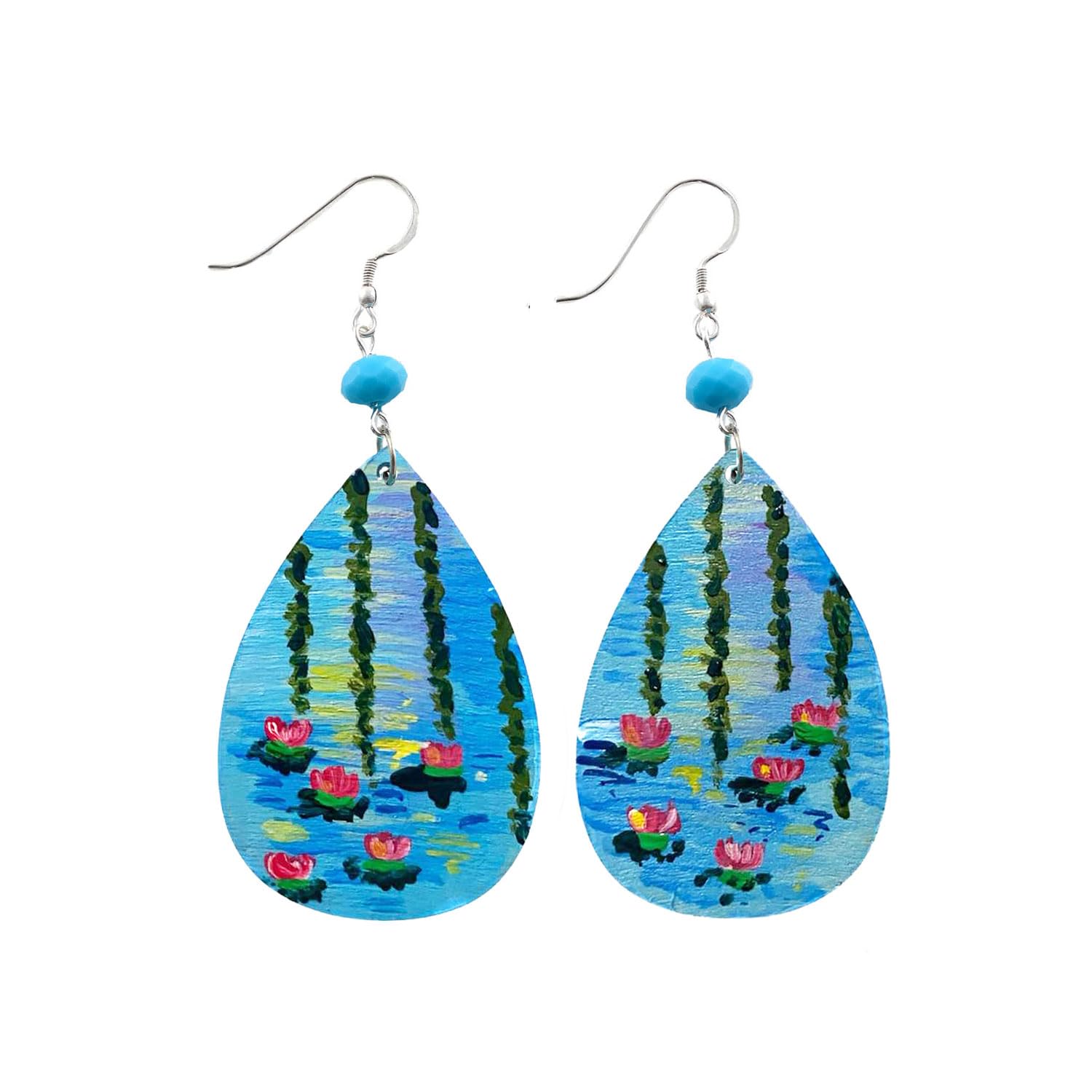 Boucles d'oreilles en bois peintes à la main - ÉTANG DE NÉNUPHARS ET SAULE DE MONET - Boucles d'oreilles pour femme, Bijoux en bois peinte, Crochet en argent, Fabriqué en Italie, Bijoux