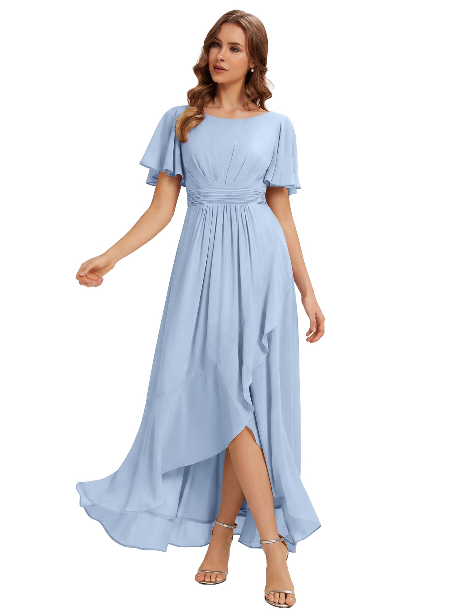 Ever-Pretty Abiti da Damigella Collo Rotondo Maniche Corte Chiffon High Low Sbordi Asimmetrici ES02708