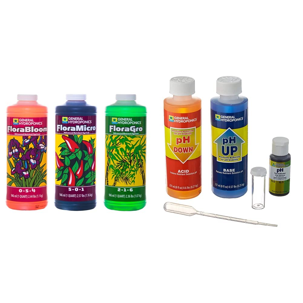 General Hydroponics Flora Series: FloraMicro, FloraBloom, FloraGro - 3-Part Hydroponic Nutrient System, 1 qt. Bottles & pH Control Kit for a Balanced Nutrient Solution