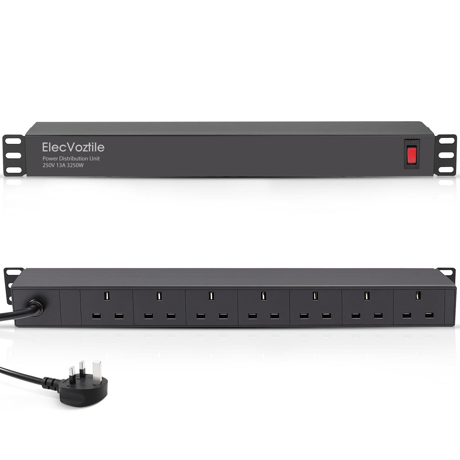 ElecVoztile 7 Way Horizontal Rack Mount PDU Power Strip, 13A Overload Switch &1020J Surge Protection, Rear Plug, 1U Rackmount, Fits 19'' Server Rack/Cabinet, Aluminum Alloy Housing,1.8M Cord