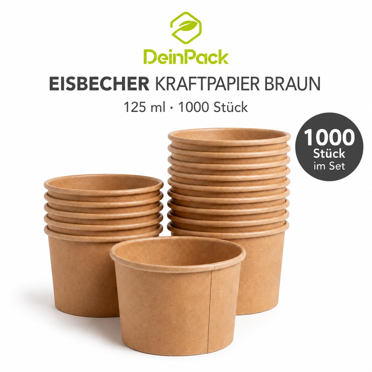 1000 Eisbecher 125 ml | Umweltfreundliche Universal Karton für EIS, Dessert, Fingerfood, Vorspeisen, Snacks I Speisebecher braun unbedruckt rund