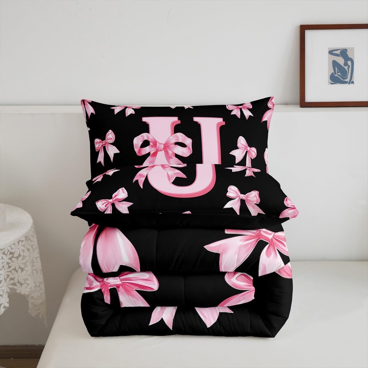 Erosebridal Pink Bowknot Comforter Set Initial Letter U Girls Twin Bedding Set Personalized Alphabet Bow Comforter for Kids Teen Adults,Black Pink Monogrammed Butterfly Knot Bed Set