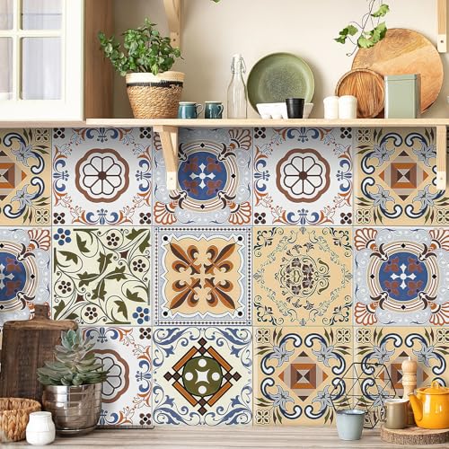 sulanmo 24 Stickers Carrelage Mural, Carrelage Stickers Cuisine Decoratif de Style Bohémien, Autocollant de Carreaux Muraux Étanche pour Cuisine Salle de...