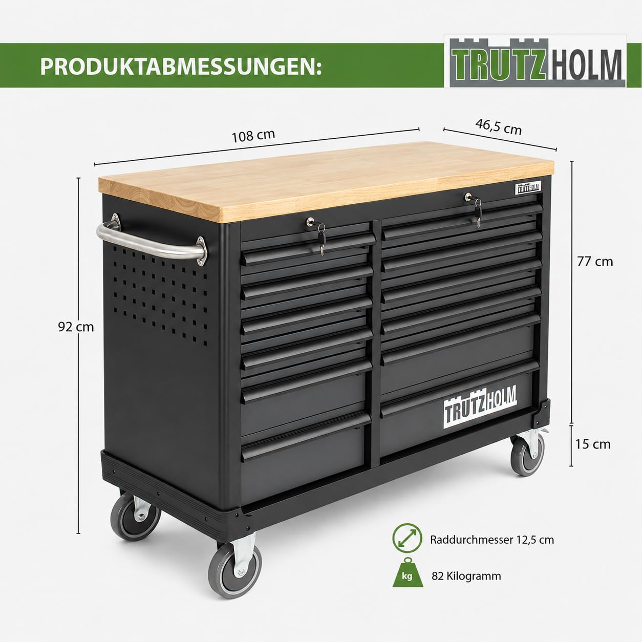 TRUTZHOLM Werkstattwagen DELUXE 12 Schubladen leer, Werkzeugwagen abschließbar mit 40 mm Hartholz-Arbeitsplatte, kugelgelagerte Schwerlastauszüge, Rollen mit Feststellbremse, Anthrazit/Grau