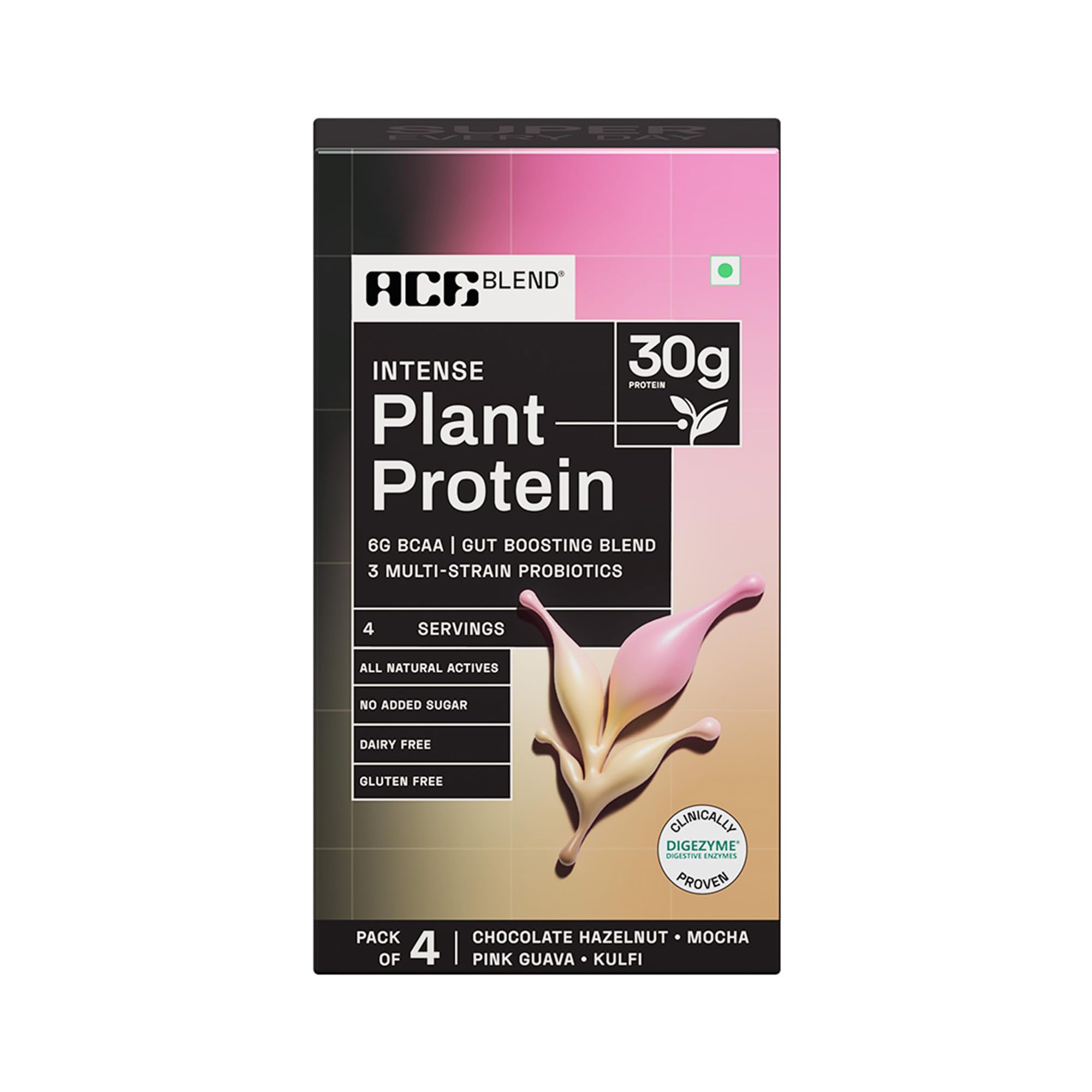Ace Blend INTENSE 30G A-Grade Plant Protein | Pack of 4 Flavours | Complete Amino Acid Profile | Probiotics + Fibre | 6g BCAA | 95%+ Bio Available | Advanced Lean Muscle Growth & Recovery