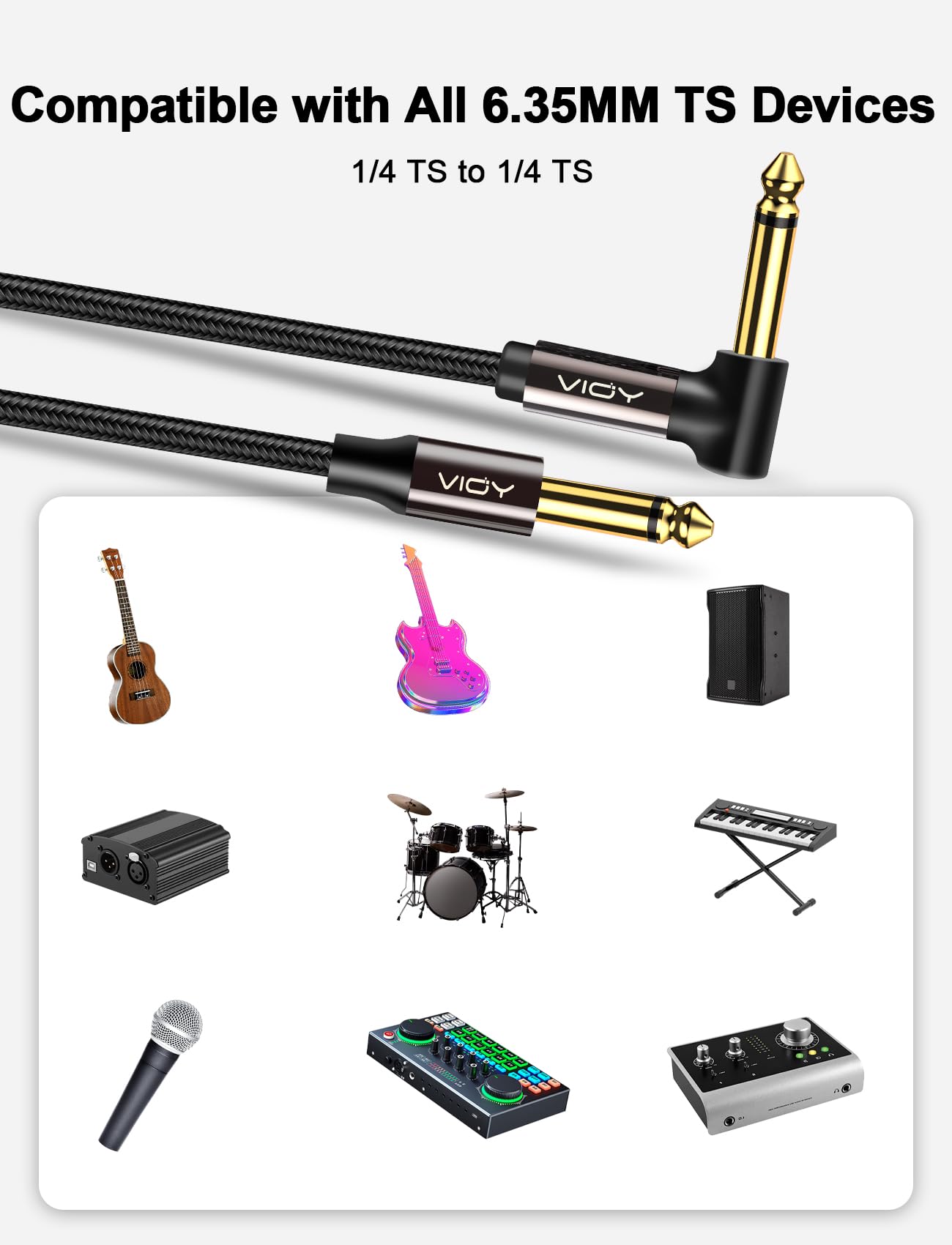 VIOY Guitar Cable 15 ft/5 M, Instrument Right Angle Cables, 6.35 mm (1/4) TS Unbalanced Mono Jack Guitar Amp Cord for Electric Guitar, Bass, Keyboard, Electric Mandolin
