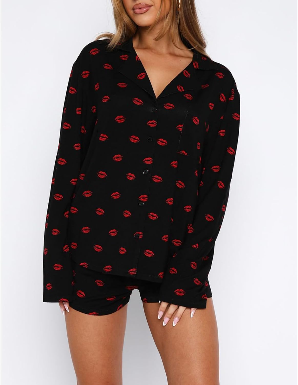 RUEWEY Women 2 Piece Pajamas Set Button up Long Sleeves Shirt and Elastic Shorts Set Loungewear Soft Sleepwear - Image 2