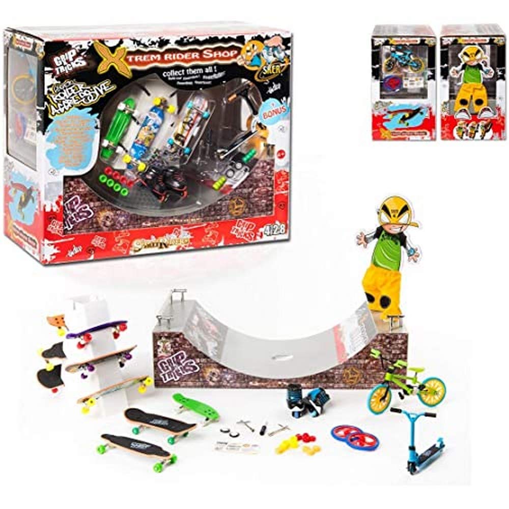 Grip and Tricks - Xtrem Rider Shop Box with 3 Finger Skates 1 Finger Scooter Pro 1 Finger Roller 1 Fingerboards Halfpipe and Mini Fingerboards Accessories - 25 pieces Finger Toys for kids 6+ years old