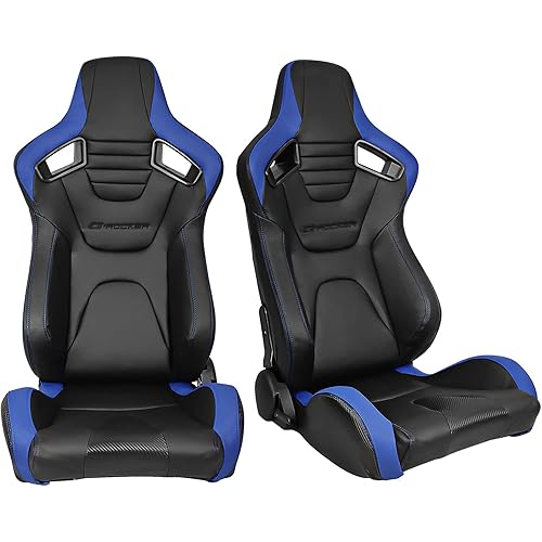 FREEMOTOR802 Universal Racing Seats, Reclinable Sport Seats with Dual Lock Sliders Adjustable, 1 Pair (Driver + Passenger Side), PU + Carbon Fiber Fabric, Black + Blue