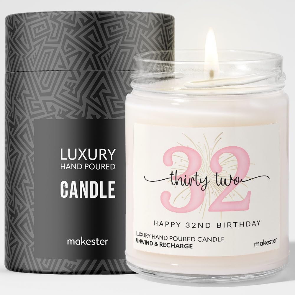 32nd Birthday Gifts - Luxury Soy Wax Candle - Vanilla, Jasmine, Sugared Almond - Makester โ image 1