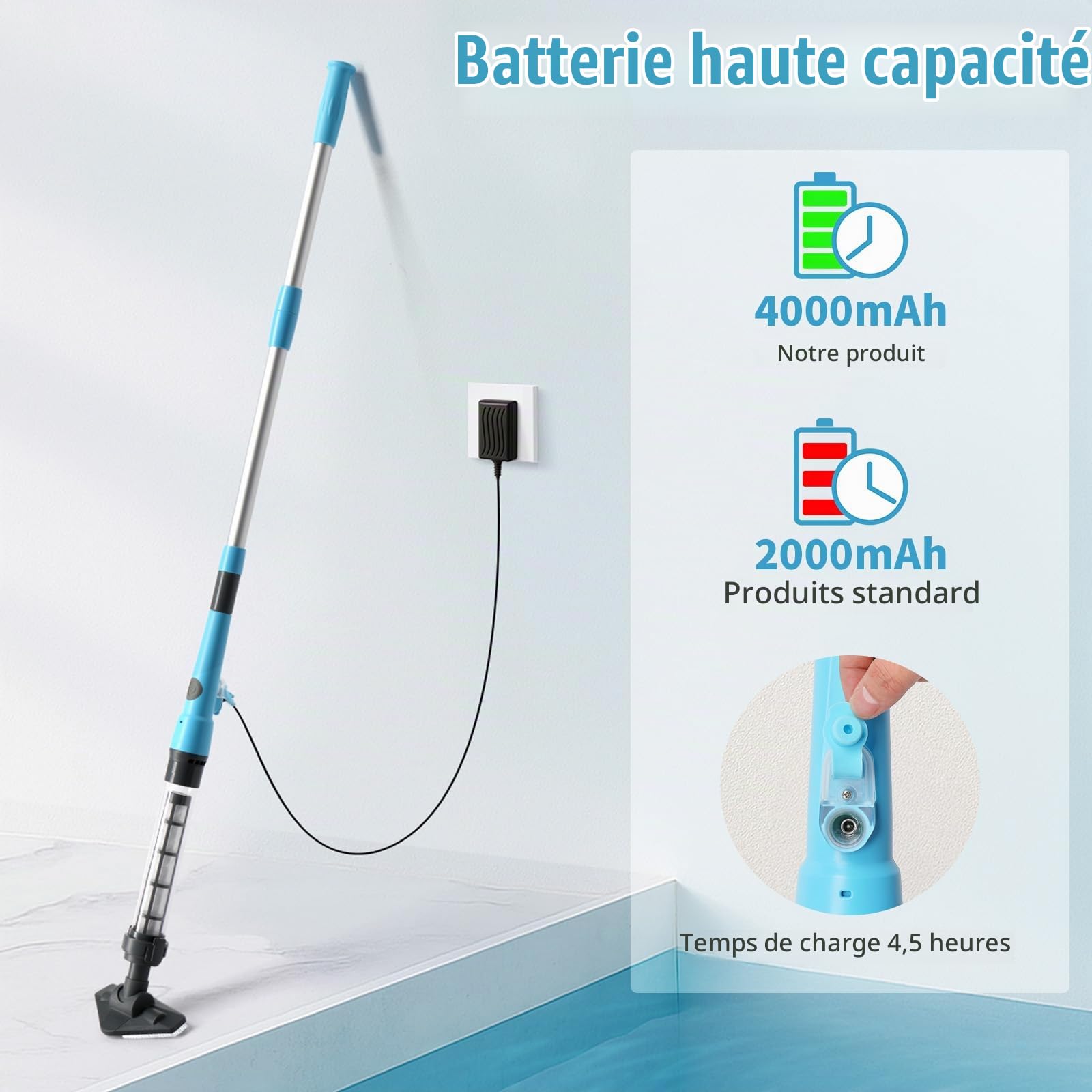 LEADZM Aspirateur Piscine Batterie sans Fil 4000mAh (Bleu)