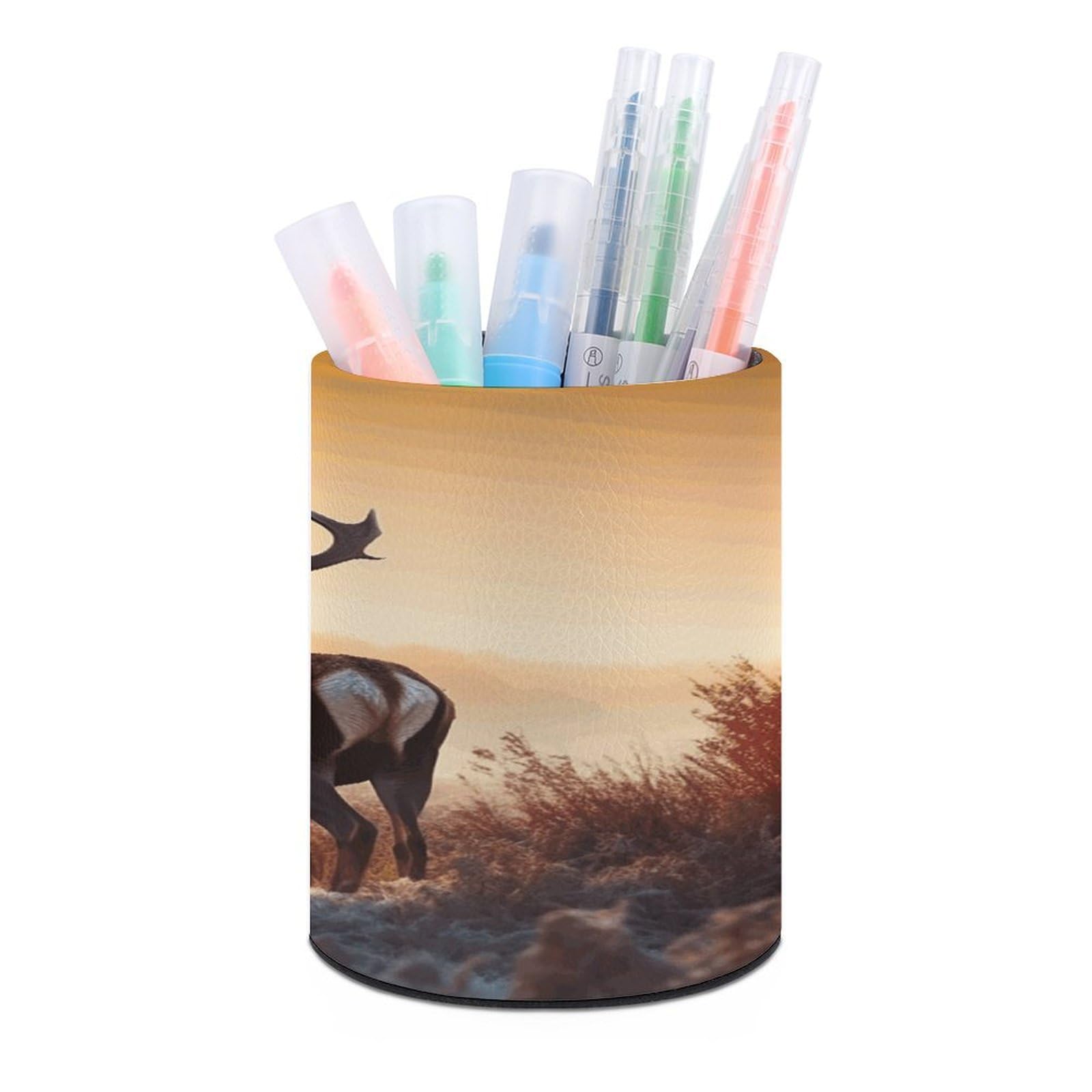FekiLoot PU Leather Round Pen Holder Landscape Deer Pencil Holder Desk Organizer Pen Organizer Pen Cup Pencil Cup Caddy Desktop Stationery Organizers for Office Home Supplies