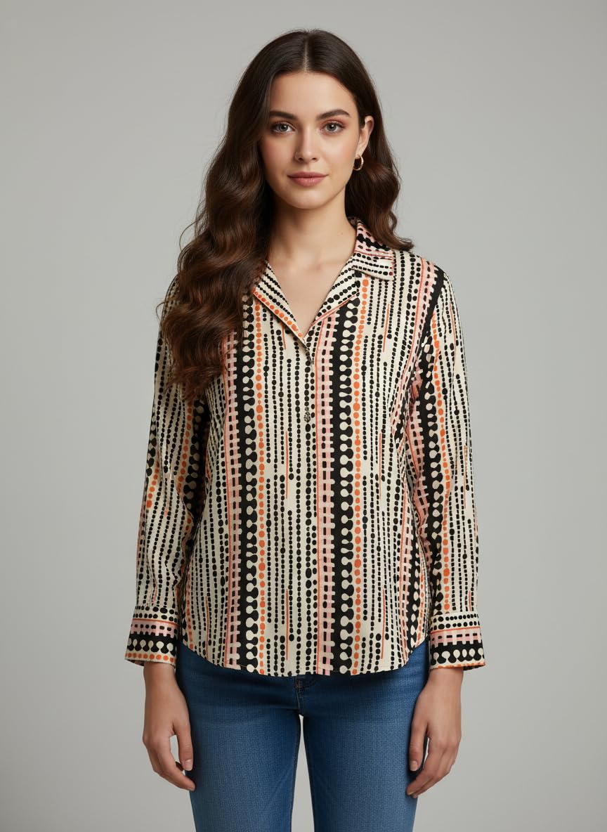 ANNI Designer Bedrucktes Damenhemd aus Baumwollmischgewebe, langärmelig, normale Passform, Hemdkragen, legere Bürokleidung, elegante Western-Kleidung für den Alltag, Hochzeit, Party