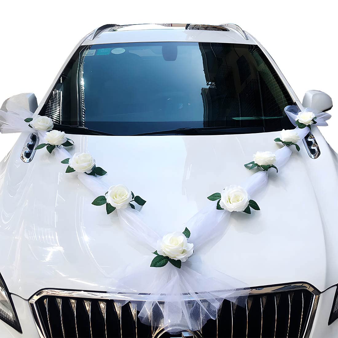 Wailicop Wedding Car Front Flower Decoration Artificial Flowers Bouquet Set Wedding Car Decoration Ribbon for Wedding Car Bridal Car, Christmas Decor
