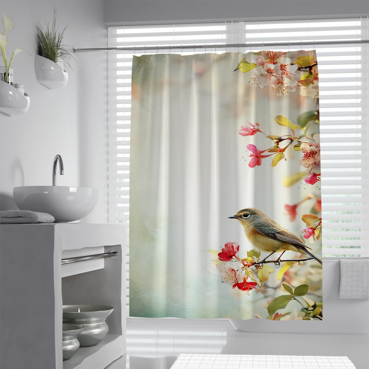 UERWOWELL Chinese Style Watercolor Fabric Shower Curtain Oriental Songbird Flowering Branches Bath Curtain Washable Nature Aesthetic Bathroom Decoration W90xL180 cm