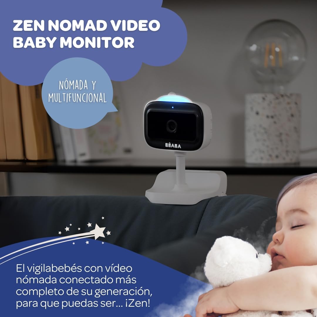BÉABA, Babyphone Vigilabebés Vídeo con Clip, Nomad, Visión Nocturna, App Móvil, Luz Nocturna Multicolor, Walkie Talkie, Canciones Cuna, Termómetro, Control Humedad, Batería 6h, Zen Nomad Blanco