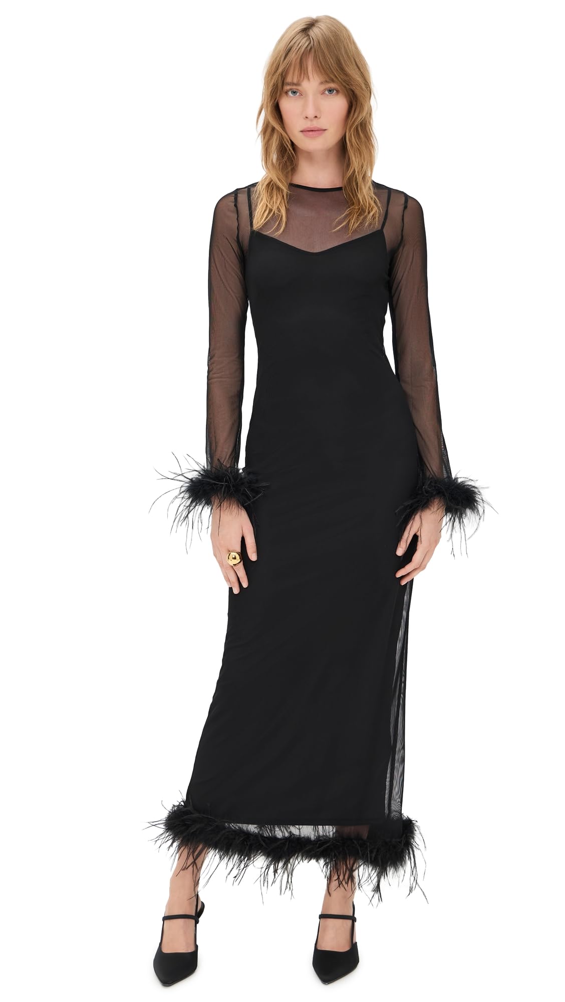 Never Fully Dressed Womens Mesh Feather Trim Dress