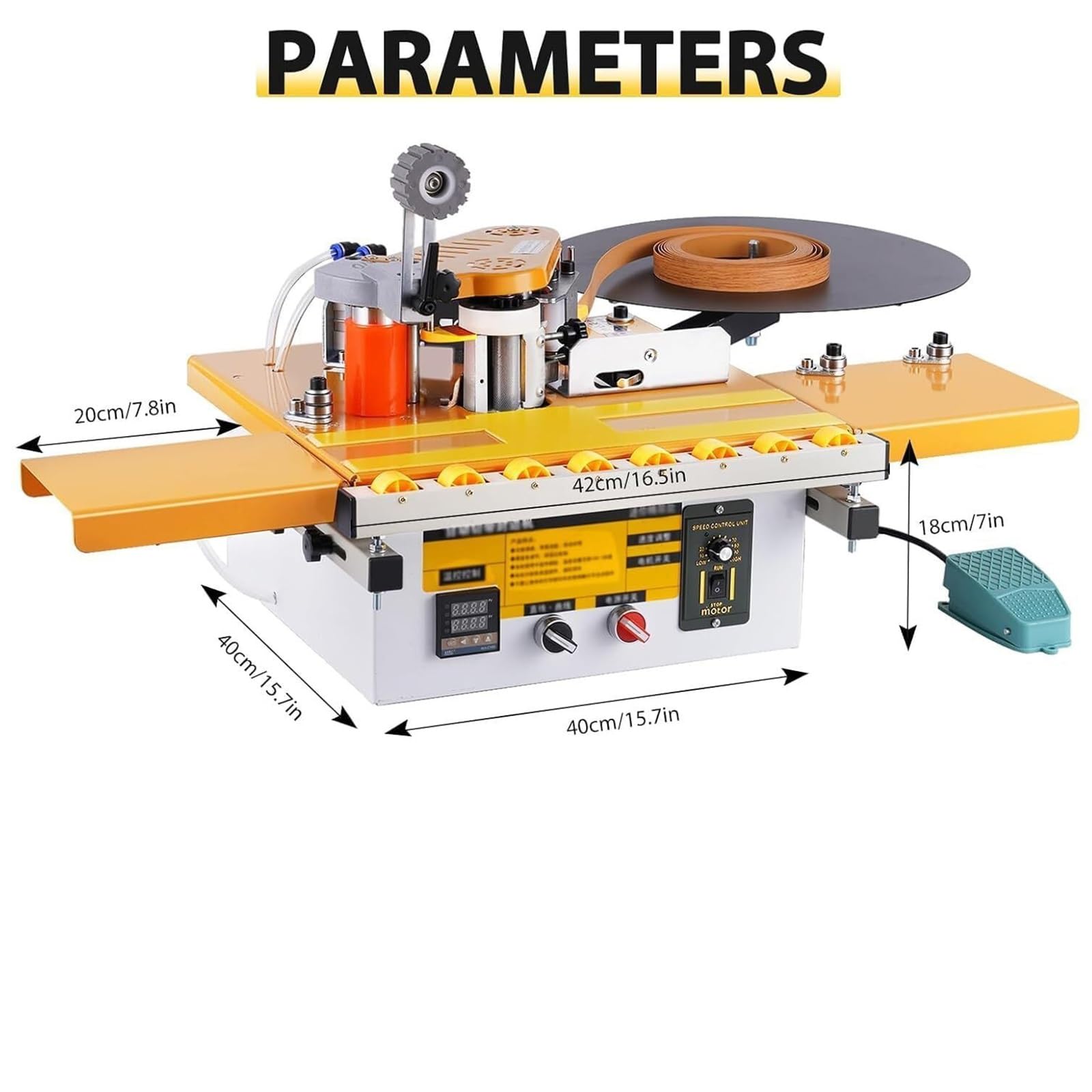 Automatische Tischkantenanleimmaschine, 1200 W, tragbar, mit Fußpedal, automatischer Bandabriss, einstellbarer Geschwindigkeit, Digitalanzeige, 2–6 m/min, für verschiedene Platten und Leisten