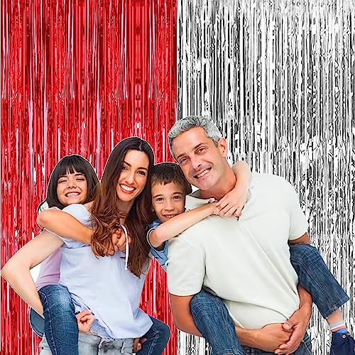 Image of TOYXE 6 Pieces Foil Fringe Tinsel Party Curtains for Photo Backdrop (RED-SILVER) | Fringe Curtains for Decoration | Foil Curtains for Birthday Decoration, Anniversary, Bachelorette, Valentines Day