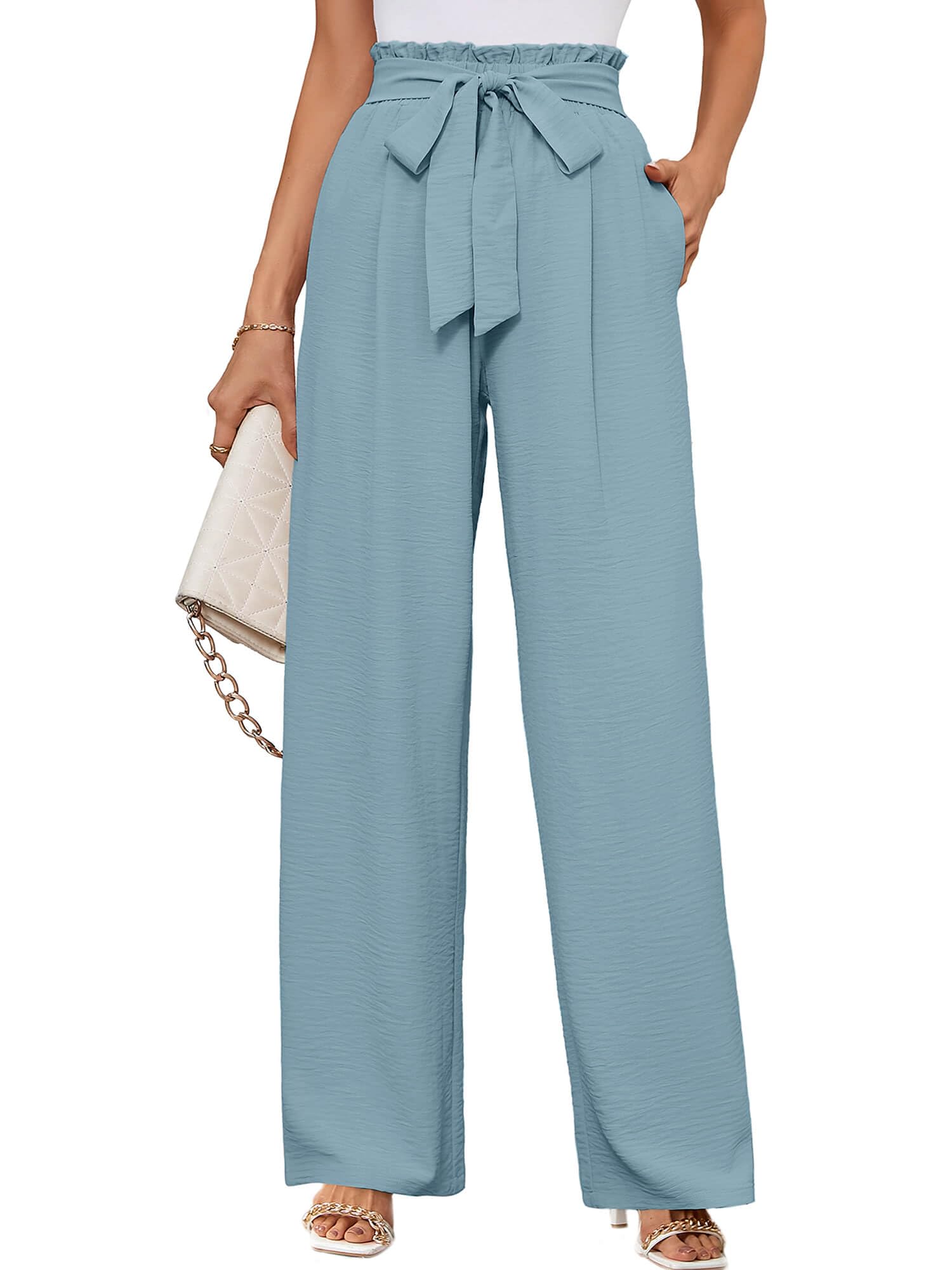 KORSIS Wide Leg Pants for Women Lightweight Waisted Adjustable Tie Knot Loose Comfy Casual Trousers with Pocket S-2XL