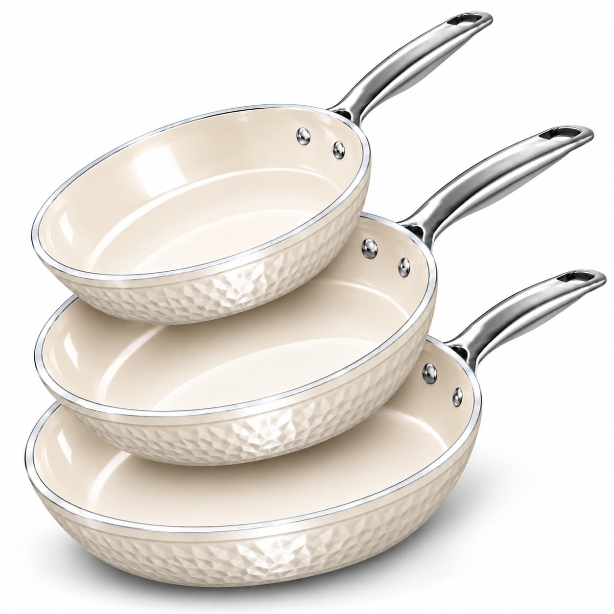 GOTHAM STEEL Hammered 3 Pc Titanium Ceramic Nonstick Frying Pans Set, White | 8,10,12 Inch Fry Pan Skillets Included, Non Toxic PTFE/PFOS/PFOA Free, Induction Compatible, Oven & Dishwasher Safe, Navy