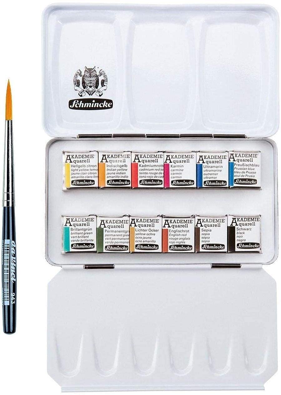Schmincke Academy Aquarellfarbkasten, Metallkasten, 12 x 1/2 Näpfchen + Hahnemühle Aquarell-Postkartenblock 10,5 x 14,8 cm mit Da Vinci Mini-Pinsel