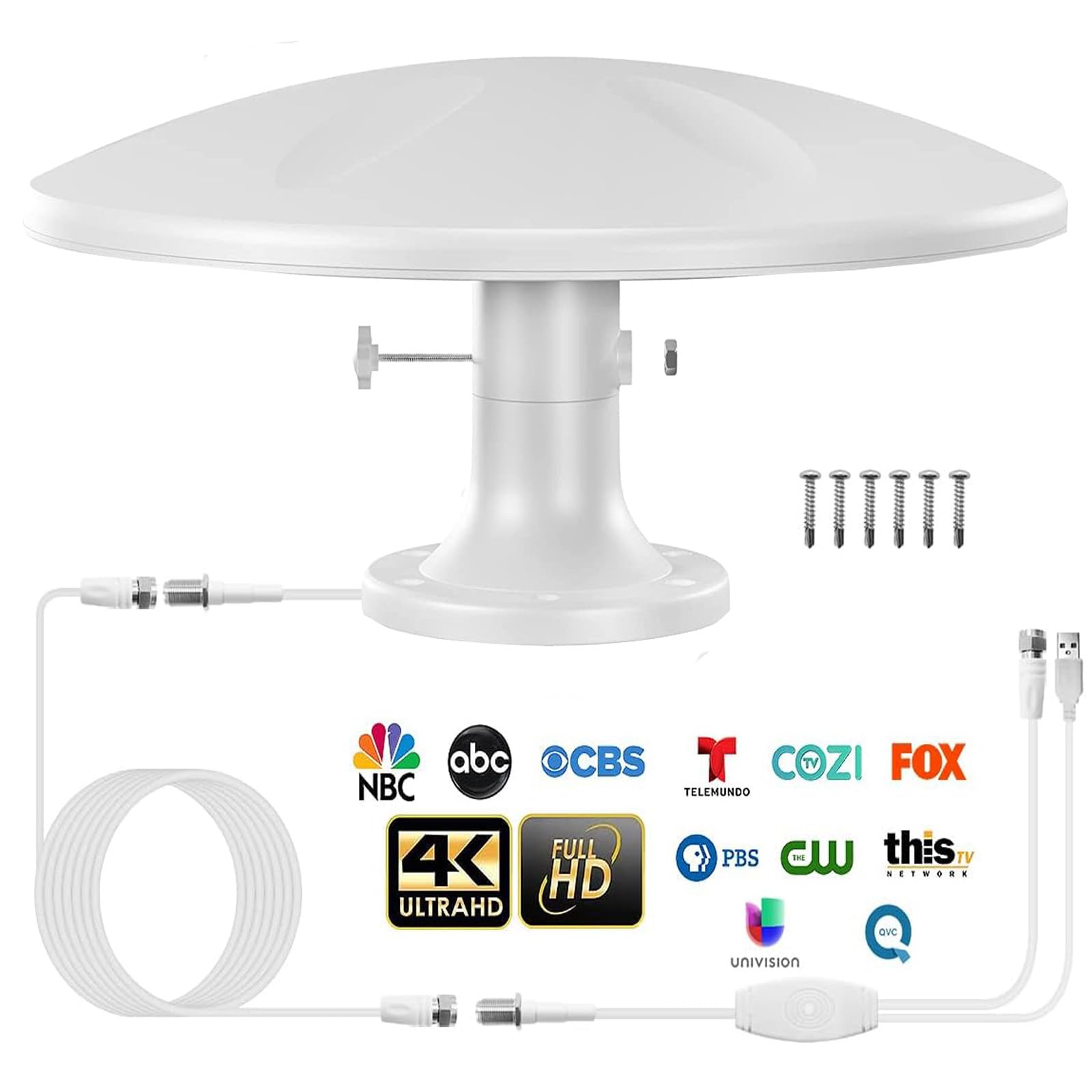 Antena de TV RV amplificada digital HD con recepción de largo alcance, fácil instalación, para caravana, remolque, camión, caravana, barco, listo para ATSC 3.0, color blanco