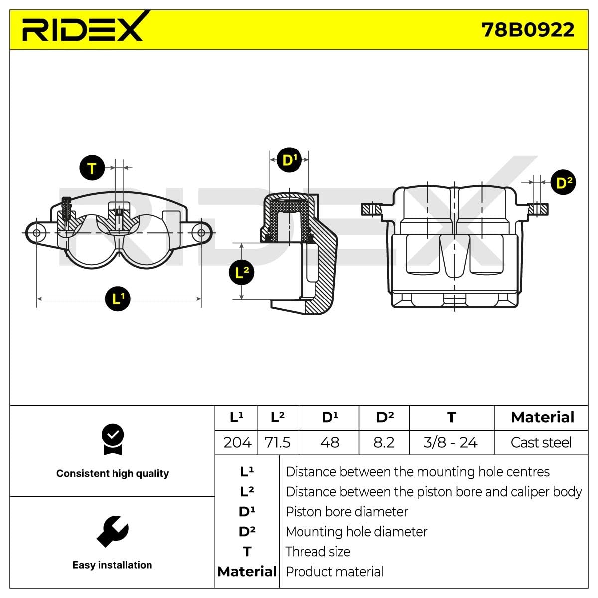 RIDEX 78B0922 Pinza de freno Delantero Derecha Delantero con pistón Compatible con JEEP GRAND CHEROKEE II WJ, WG