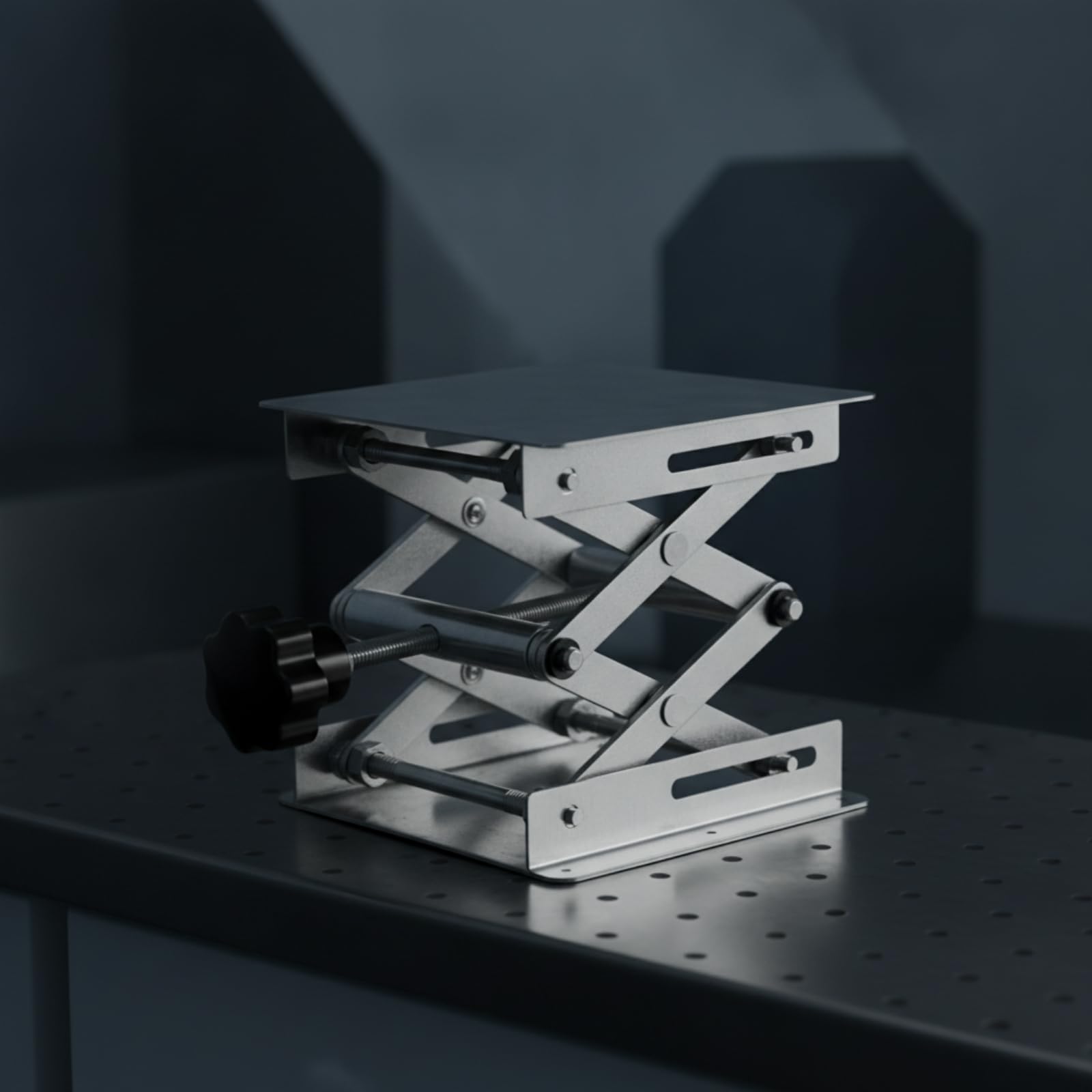 de Elevación Manual Soporte Elevador Mesa Tijera Regulador Altura Base Ajustable en Acero Inoxidable con Perilla Ergonómica Apta para Laboratorio Banco de Trabajo Investigación, 150 150mm