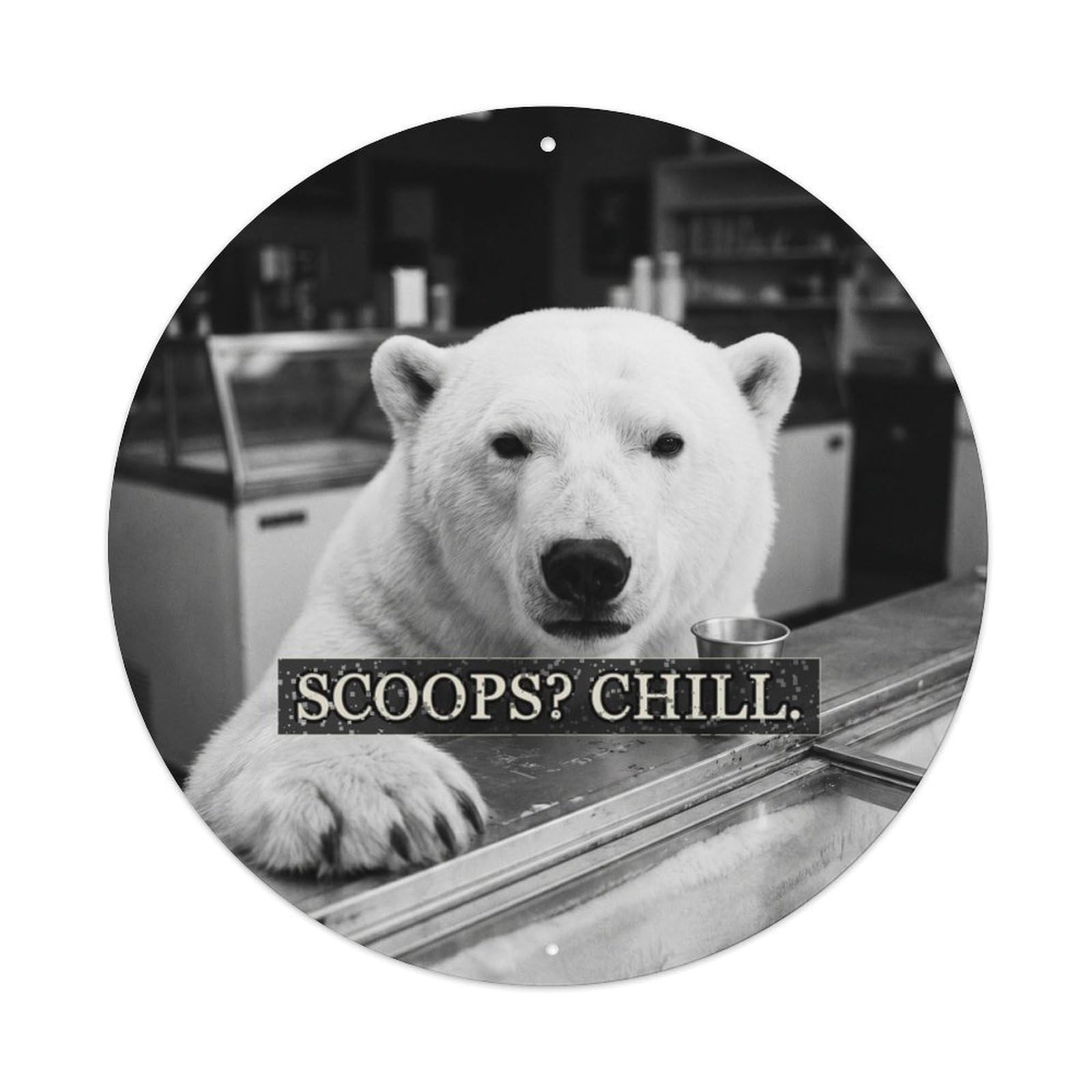 Animal Polar Bear Ice Cream Anthropomorphic British Comedy Satire Metal Tin Sign Plaque Wall Decor for Cafe, Man Cave, Club Bar, Office, Home Garden Round Metal Poster 8x8Inch