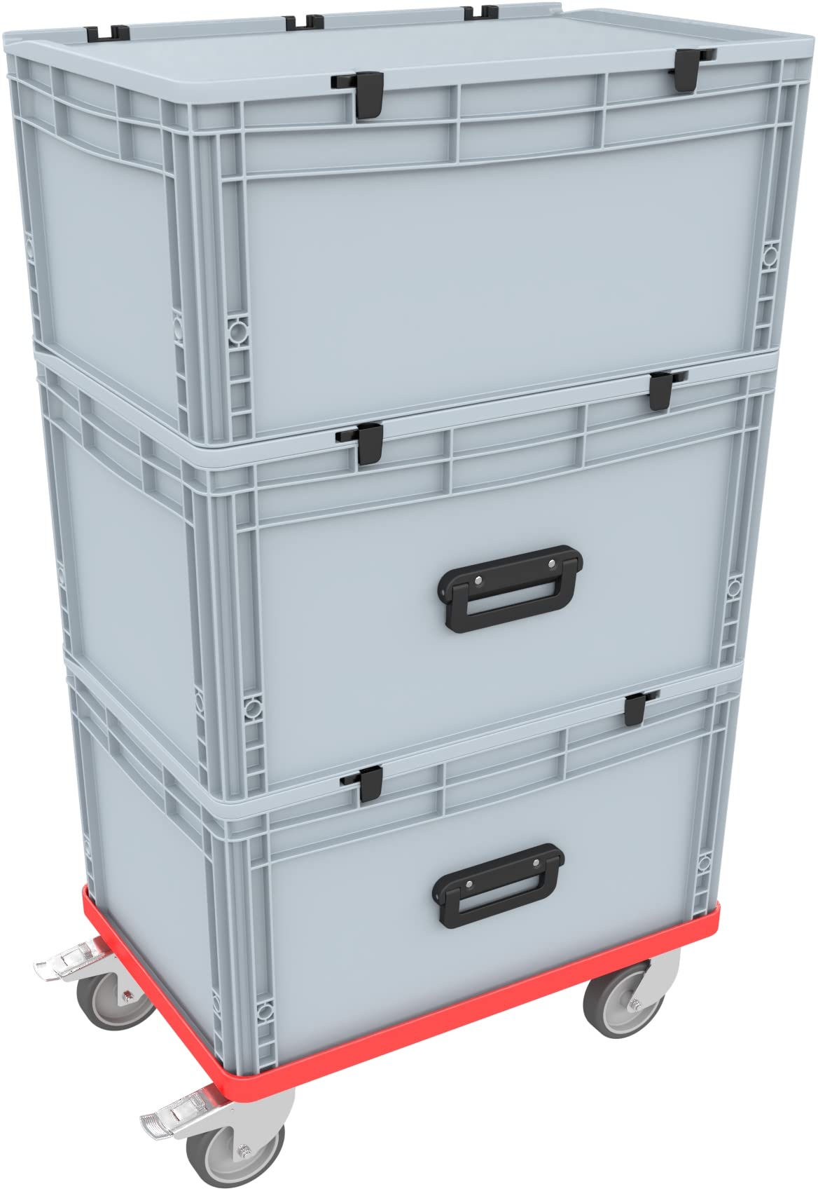 Auer Packaging Transportroller rot mit Gummirädern und Feststellbremse für Euroboxen bis 600 mm x 400 mm